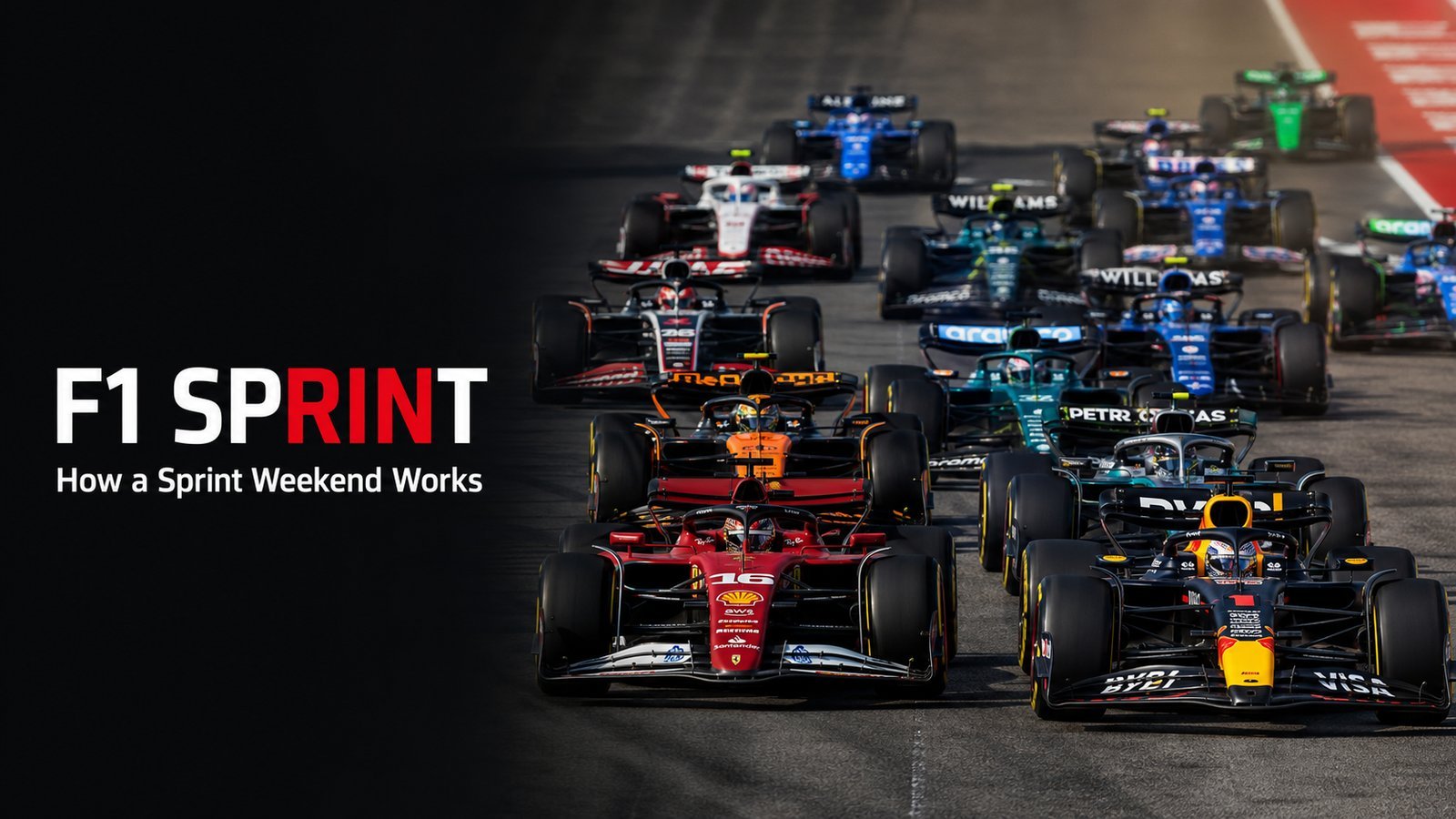 Title card reading F1 Sprint, how a sprint weekend works, showing a red Ferrari number 16 car leading a Red Bull number 1 car with the field packed behind.